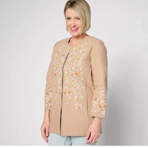 GRAVER Susan Graver Embroidered Cotton Topper-Taupe/Lemon-XL-NEW-A630816